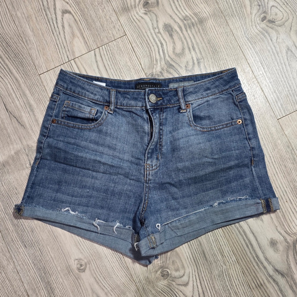 Aeropostale Raw Hem Rolled Cuff Denim Shorts - Med Wash - Size 10